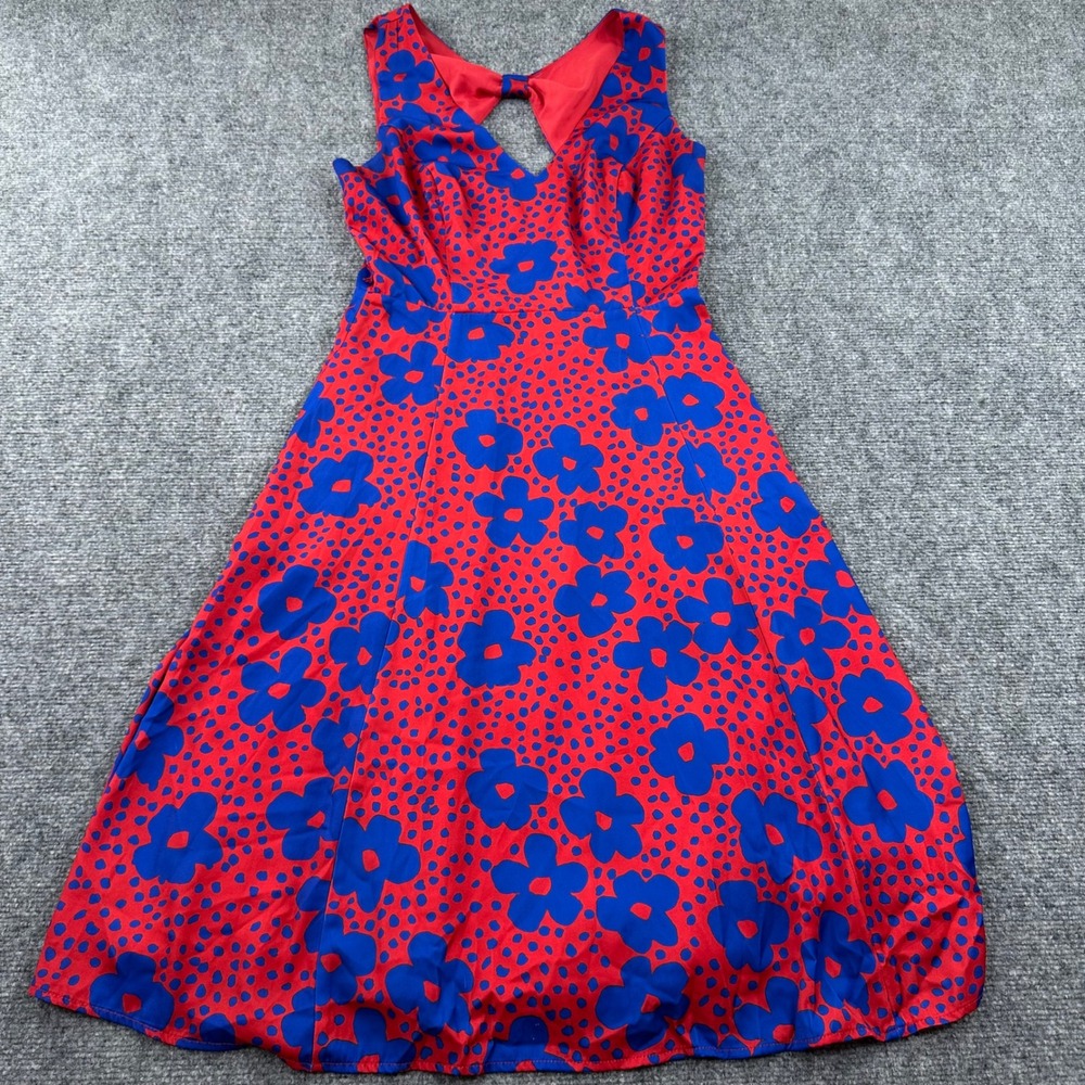 ModCloth Fit Flare Dress Size M Red Blue Floral Bow Back Sleeveless Women